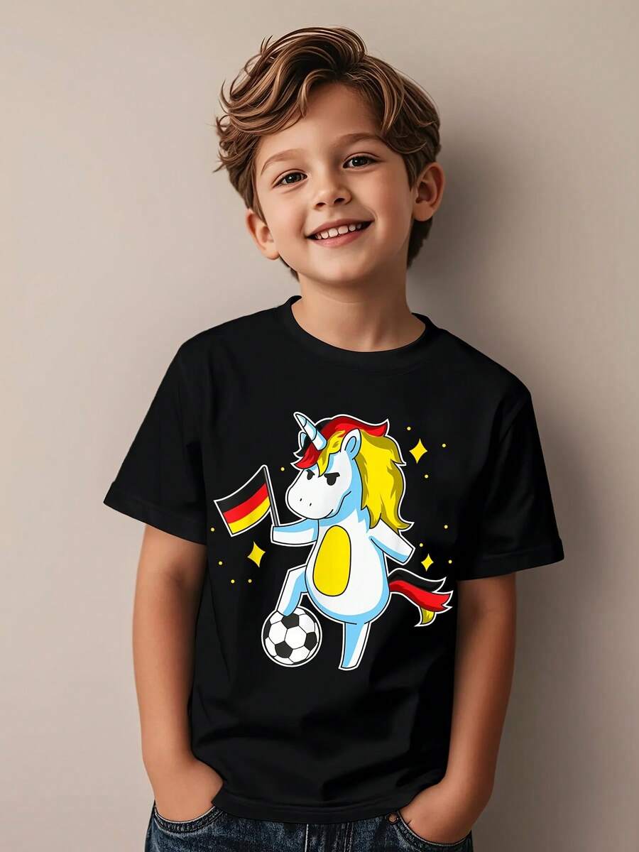Camiseta Infantil con Diseño de Unicornio del Equipo de Fútbol de Alemania, Regalo Divertido y Genial, Camiseta Estampada para Niños, Ropa Infantil Popular, Camiseta de Estilo Urbano para Ni - Negro - Ver 1