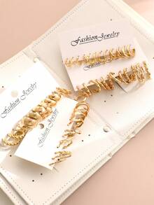 60/48/36/24/12pcs Fashion Minimalist Elegant Exquisite Vintage Design Geometric Ribbon Faux Pearl Square Cross Twisted Multi-Layer Heart Flower Hollow Embossed Textured Glossy Minimalist Plain Thick C-Hoop Earrings Set For Holiday Vacation Party Date Gift Daily Commute Wear - Yellow Gold - View 3