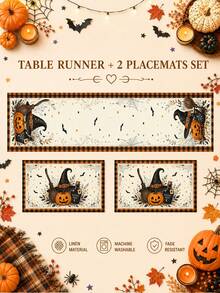 1 Set-Halloween Linen Table Runner And Placemats Set, Witch Hat Pumpkin Bat Spider Web Buffalo Plaid Dining Table Decor, Fall Kitchen Table Decorations For Farmhouse Home, Halloween Party, Holiday Dinner And Spooky Home Decor - Multicolor - View 11