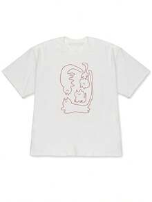 2026New Spring/Summer Off-Shoulder Short Sleeve T Shirt,It Depicts A Simple And Cute Combination Of Multiple Cats In The Form Of Red Single-Line Art. - 白色 - 查看 1