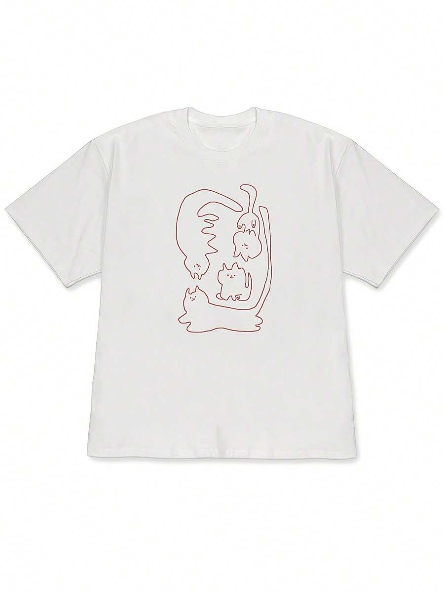 2026New Spring/Summer Off-Shoulder Short Sleeve T Shirt,It Depicts A Simple And Cute Combination Of Multiple Cats In The Form Of Red Single-Line Art. - 白色 - 查看 1