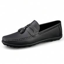 Men's Luxury Lightweight PU Faux Leather Loafers, Casual Woven Style Slip-On Flat Shoes With Convenient Elastic Band, Suitable For Spring/Autumn Daily Wear, Weddings, Banquets, Office, Business And Other Formal Occasions - Black - View 8
