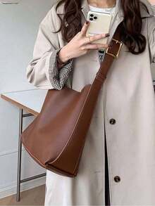 Women's Vintage Large Capacity Tote Bag, PU Leather Hobo Shoulder Purse, Minimalist Handbag For Work, Travel & Daily Use - 咖啡棕 - 查看 2