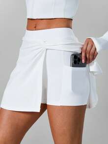 Women's High-Waist Tennis Skirt, Built-In Pockets Anti-Exposure Inner Lining Twist Design Sports Mini Skirt, Black Simple Versatile Skirt White - White - View 4