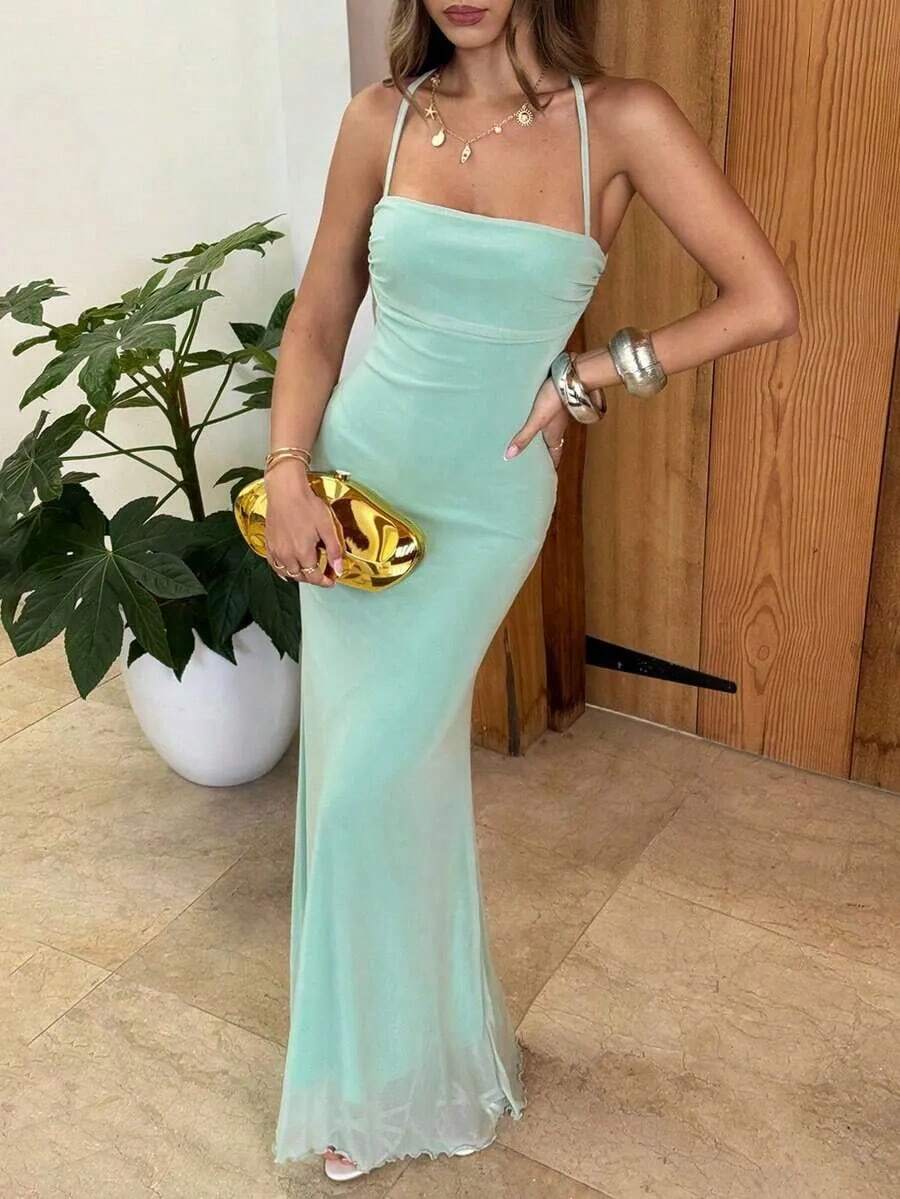 Elegant Women's Dress With Floral Print And Open Back, Summer Clothes, Beach Outfits For Women, Beach Vacation Clothes, Party Outfits, Bridesmaids - 薄荷綠 - 查看 1