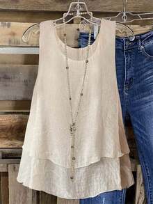 Women's Casual Summer Top, Double-Layer Chiffon, Semi-Transparent Solid Color, Round Neck, European And American Style. - 乳白色 - 查看 1