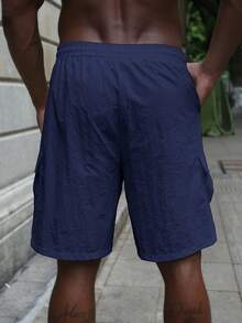 Men's Plain Color Summer Casual Shorts With Pockets - Blue - View 2