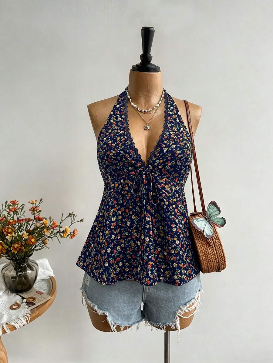 Rusttydustty Bohemian Style Women's V-Neck Backless Camisole Top, Casual Vacation Navy Blue Ditsy Floral, Suitable For Autumn And Halloween - Navy Blue - View 1
