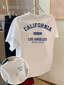 Women's White Short Sleeve Loose Fit Round Neck T-Shirt With Double-Sided Print CALIFORNIA LOS ANGELES Blue Letters, Lightweight Women's Casual American Style Summer T-Shirt - 白色 - 查看 1
