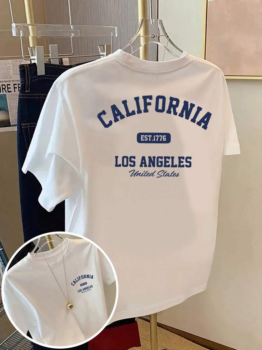 Women's White Short Sleeve Loose Fit Round Neck T-Shirt With Double-Sided Print CALIFORNIA LOS ANGELES Blue Letters, Lightweight Women's Casual American Style Summer T-Shirt - 白色 - 查看 1