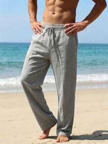 Men's Spring/Summer Thin Breathable Hip Hop Linen Casual Lounge Sports Long Pants Beach Straight Leg Hawaiian Solid Color - Light Grey - View 4