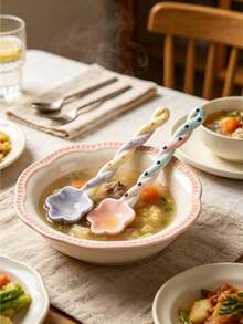 1/2pcs Multi-Color Ceramic Long Handle Soup Spoons, Back To School Tableware, Home Dessert Spoon, Stirring Spoon, Coffee Spoon, Ice Cream Spoon, Cute Flower Design Christmas/Halloween Party Gift - View 1