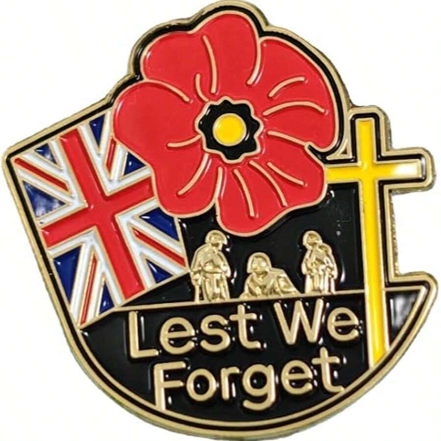 1pc Red Flower Pin Badge Brooch Lest We Forget Remembrance Day Union Jack Flag Decorations Veteran Memorabilia - Multicolor - View 1