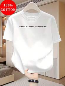 Men's Short-Sleeved Cotton T-Shirt With Letter Print, Casual Crew Neck, Breathable Sports Top, Comfortable And Regular Fit,  Streetwear, Ideal Gift. GT1 - 白色 - 查看 2