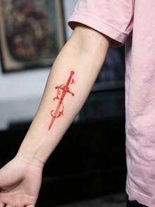 1pc Men's Gothic Dark Temporary Tattoos, Black Skull Snake Design, Waterproof Sweatproof, Fit Hand Finger Leg Neck - Red - View 2