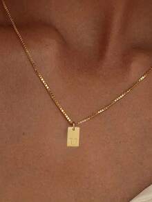 1pc Fashionable Stainless Steel Rectangular 26 Letter Pendant Necklace For Women, Suitable For Daily Wear, Birthday Gift - Yellow Gold - View 15