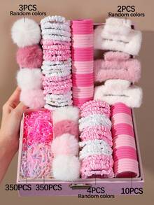 719pcs Girls Autumn/Winter Pink Plush Hair Scrunchies With Pink Pom Poms, Large Cute Princess Hair Ties, High Elasticity Durable Non-Damaging Hair Bands, Small Rubber Bands, Large Plush Hair Claw, Suitable For Daily Use - Multicolor - View 10
