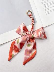 1 Stück Damen Schleifen Taschenanhänger Schlüsselanhänger, Blumenmuster Satinband Schleife Handtaschen Accessoire, geflochtener Riemen dekorativer Schlüsselring Anhänger, modischer ästhetischer Schal Schleife Ornament für Geldbörse Handtasche Rucksack Autoschlüssel, süßes mädchenhaftes Geschenk für Frauen Mädchen - Übersicht 4