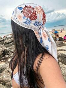 Women's Silk Texture Square Scarf, 27.5 Inch Floral Print Headscarf, Multi-Purpose Neck/Hair Accessory, Daily & Travel Fashion Accessory - Blue - View 2