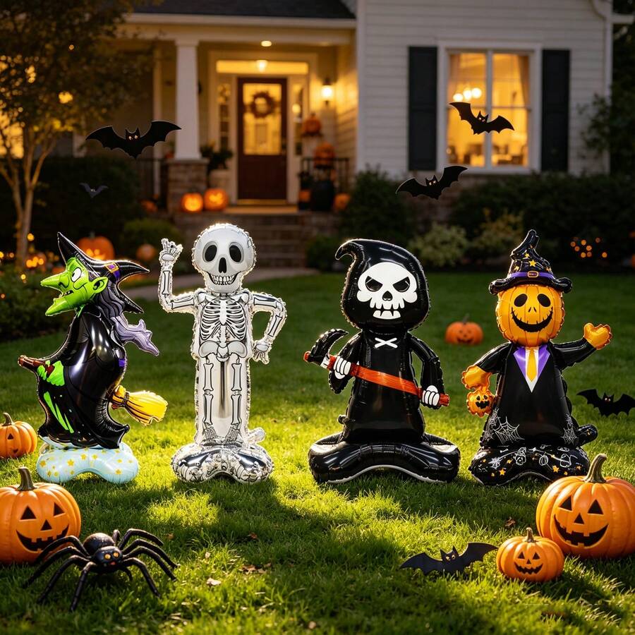 Small Base Skeleton, Pumpkin, Witch, Grim Reaper Shaped Balloon Set Suitable For Halloween And Day Of The Dead Decoration - Multicolor - View 1