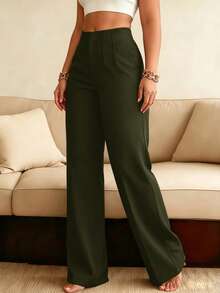HOMEYEE Plus Size Women's Solid Color Casual Versatile Wide Leg Pants For Daily Wear - Army Green - View 4