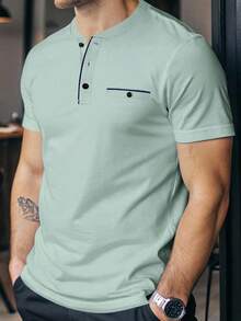 Manfinity Homme Camiseta de manga corta casual con botones y media cartera para hombre - Blanco y Negro - Ver 12