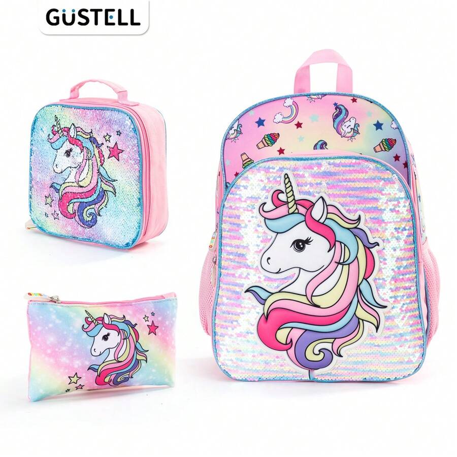 3-Piece Set Combination Pack, Unisex Backpack, Iridescent Reversible Sequins, Gradient Nebula Background, Shiny Theme With Small Square Bag And Small Box, Suitable For Travel, Camping, Outing, Casual Fashion Backpack With Padded Back And Adjustable Shoulder Straps, Printed, Best Gift For Others, Daily Commute, Portable - Pink - View 1