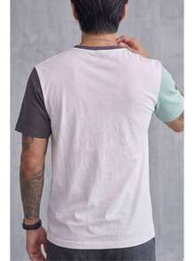 Men's Slogan Print Contrast Color Crew Neck Short Sleeve Casual T-Shirt - Mint Blue - View 4