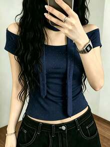 Vintage Sexy Hot Girl Rhinestone Embellished Collarbone Short Sleeve T-Shirt, Minimalist Sexy Sexy Slim Fit Top, Summer Clothing Casual - Navy Blue - View 4