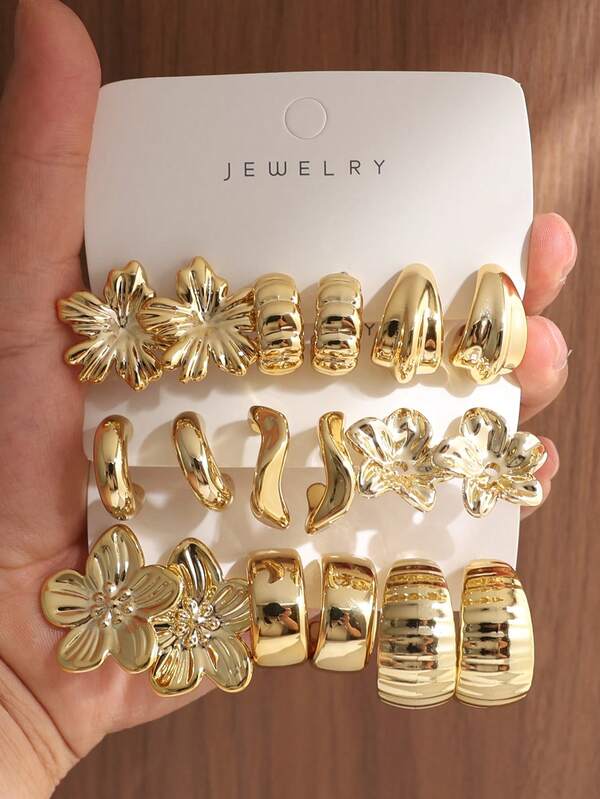 6/18PCS Fashionable Personalized Large Flower & Geometric Texture Multi- Gold Metallic Earring Set, Suitable For Party, Banquet, Travel, Wedding, Vacation, Daily Wear Jewelry Gift (Lightweight ABS Material, Non-Fading)