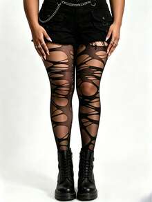 1 Pair Women's Personalized Ripped Tights, Gothic Punk Style, Fashion Enthusiasts' First Choice, Suitable For Daily Wear And Daily Matching - Black - View 3