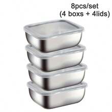 8-Piece Set (4 Containers + 4 Lids) Stainless Steel Food Storage Containers, Baking Tray Set, Multi-Purpose Trays, Suitable For Baking Eggs, Marinating Meat And Daily Food Preparation, Leak-Proof Stackable Boxes, Suitable For Storing Meat, Fruit, Camping And Home Storage - Multicolor - View 12