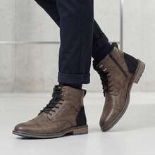 Men's Vintage Boots, Colorblock Upper, Rubber Dual-Color Non-Slip Sole, Inner Zipper, Outdoor Casual Ankle Boots - Grey - View 2
