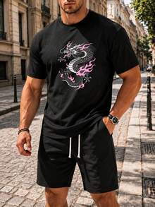 Men Geometric Pattern Print Tee Casual Outdoor Style T-Shirt - 黑色 - 查看 1