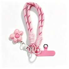 1 pieza Cordón de muñeca trenzado con doble nudo popular de INS, duradero y resistente al desgaste con colgante de flor, cadena anti-pérdida para teléfono, colgante para funda de teléfono, colgante para llavero - Rosa - Ver 4