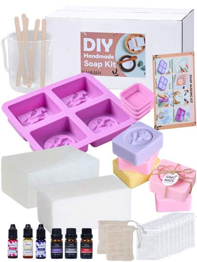 2kg 白色與透明手工皂基 DIY 皂製作工具組，包含模具、量杯、攪拌棒、色素、精油及其他手工沐浴皂製作用品