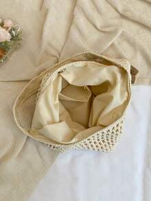 Fashionable Niche Design Hollow Woven Shoulder Bag, Multifunctional Leisure Vacation Style Armpit Bag, Simple Daily Cute Pendant Large Capacity Bag - Beige - View 10