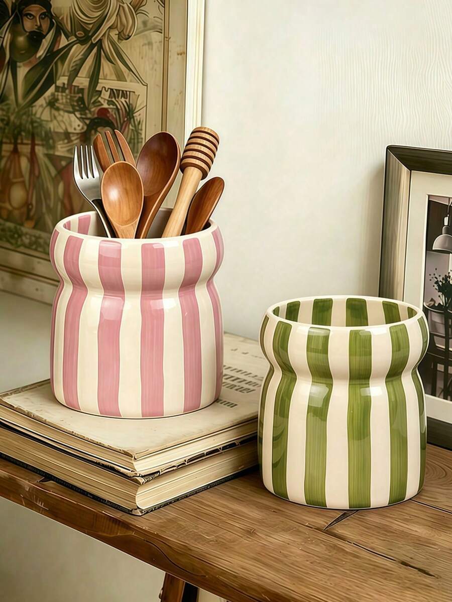1pc Striped Ceramic Storage Jar, Kitchen Utensil Holder, Tableware Organizer, Multi-Color Striped Pattern, Suitable For Kitchen Storage, Tableware Organization, Home Decor, Back To School Supplies, Holiday Gifts