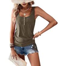 Plain T-Shirt With U-Neck, Buttons, Loose Fit, Short Sleeves, Drawstring, Women's Spring-Summer European-American - 咖啡色 - 查看 2