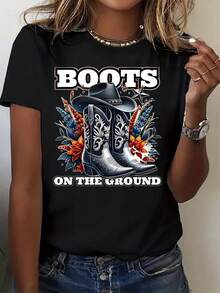 T-Shirt With Cowboy Boot Design, Boots On The Ground, Flowers And Hat, Western Country Style, Casual Women's Clothing - 220g Casual Women's Blouses - 黑色 - 查看 1