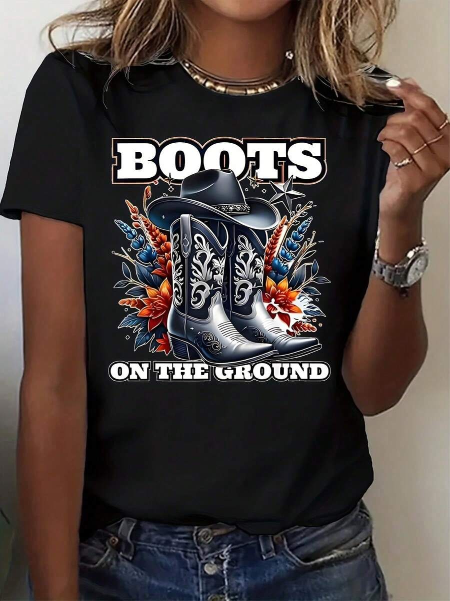 T-Shirt With Cowboy Boot Design, Boots On The Ground, Flowers And Hat, Western Country Style, Casual Women's Clothing - 220g Casual Women's Blouses - 黑色 - 查看 1
