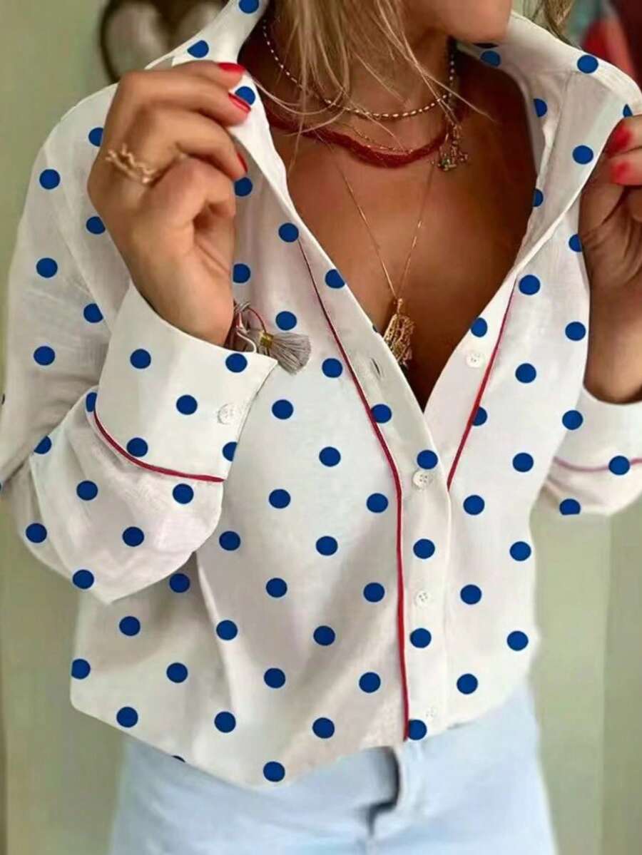 Blusa elegante de lunares, nueva serie primavera/verano para mujeres| Esta lujosa blusa de manga larga con estilo retro está diseñada para primavera y verano, con detalles decorativos contra - Azul y blanco - Ver 1