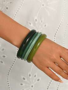 1 Set Exaggerated Personalized Fashion Tie Dye Green Resin Bangle Set, Simple Versatile Creative Vintage Resin Multicolor Pattern Acrylic Bangle Suitable For Women's Daily, Vacation And Banquet Wear (Tie Dye Pattern Random) - Green - View 2