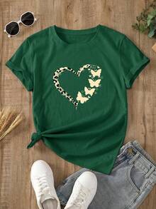 Camiseta gráfica de mujer de manga corta con cuello redondo, de moda con estampado de corazón, para uso diario casual - Verde - Ver 1