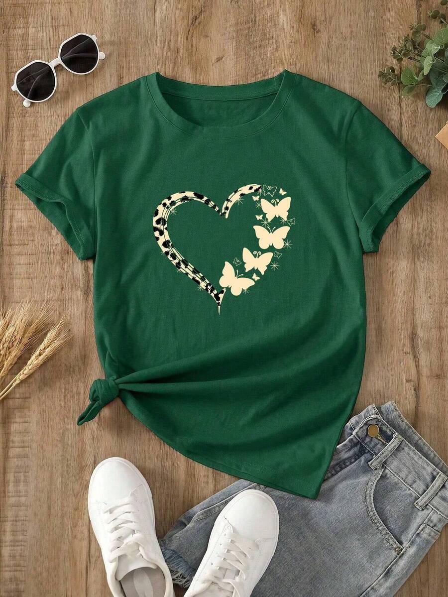Camiseta gráfica de mujer de manga corta con cuello redondo, de moda con estampado de corazón, para uso diario casual - Verde - Ver 1