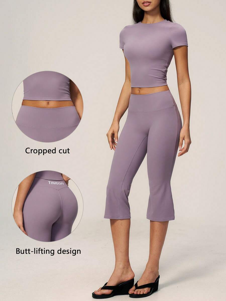 TimeOff Women's One Set Solid Color Round Neck Cropped Waist Short Sleeve Flared Mid-Length Pants Sports Set - Mauve Purple - View 1