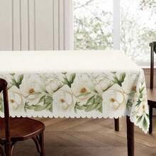 1pc Gentle Frame White Camellia Wavy Edge Tablecloth, Wrinkle-Resistant, Machine Washable, Suitable For Outdoor Patio Picnic, Engagement Party, Spring Wedding Afternoon Tea, Mori Style Homestay, Pastoral Home Decor Tablecloth - Multicolor - View 6