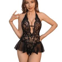 AESKEIA Women's Babydoll Lingerie, Lace Bodysuit With Deep Neckline And Straps, Sleepwear, Red, Size XL - 黑色 - 查看 1