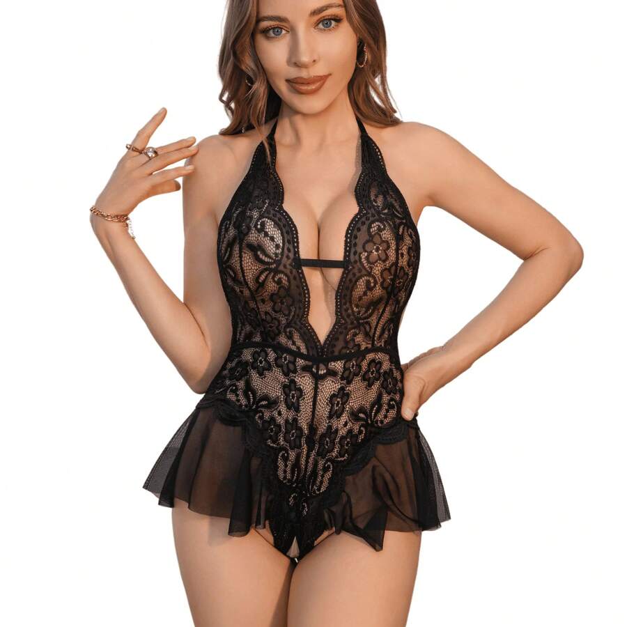 AESKEIA Women's Babydoll Lingerie, Lace Bodysuit With Deep Neckline And Straps, Sleepwear, Red, Size XL - 黑色 - 查看 1