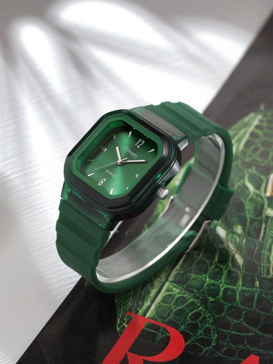 1pc Women's Casual Affordable Square Minimalist Silicone Strap Quartz Wrist Watch Suitable For Daily Wear - Green - View 1